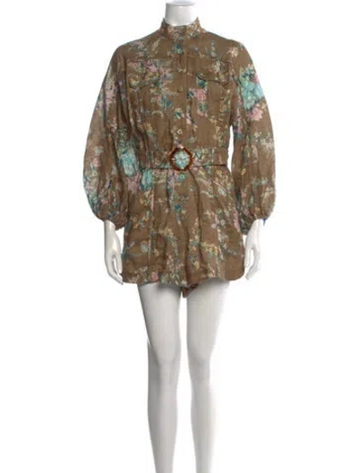 Pre-owned Zimmermann Linen Floral Print Romper In Brown
