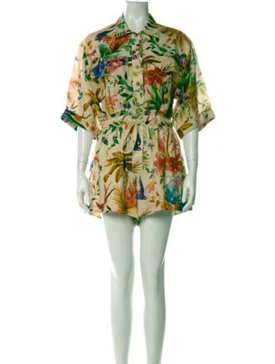 Pre-owned Zimmermann Linen Floral Print Romper In Green