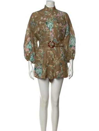 Pre-owned Zimmermann Linen Floral Print Romper In Green