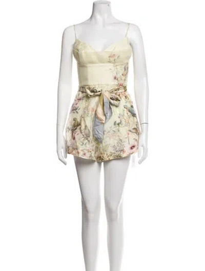 Pre-owned Zimmermann Linen Floral Print Romper In Green