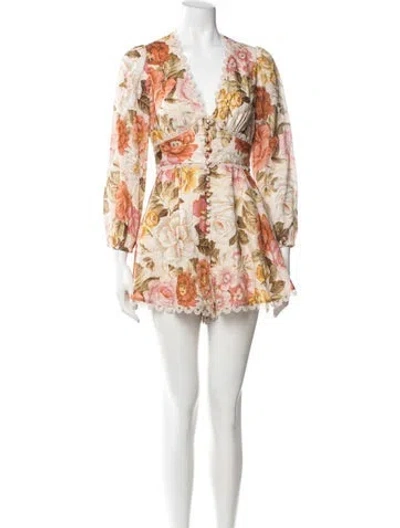 Pre-owned Zimmermann Linen Floral Print Romper In Neutrals