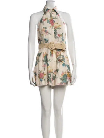 Pre-owned Zimmermann Linen Floral Print Romper In Neutrals