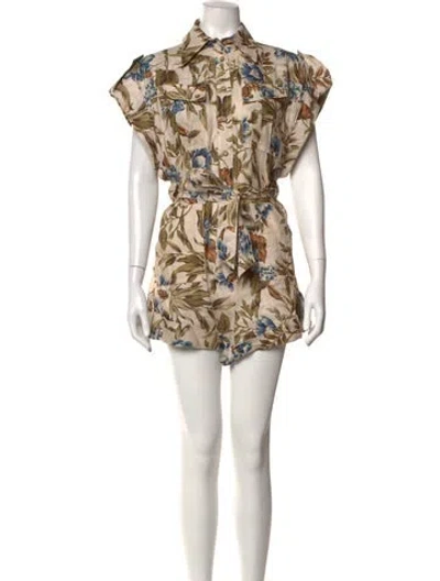 Pre-owned Zimmermann Linen Floral Print Romper In Neutrals