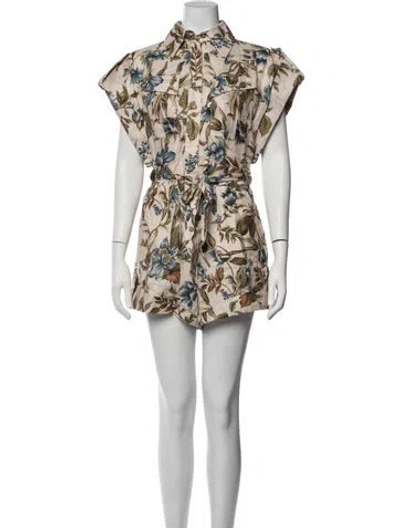Pre-owned Zimmermann Linen Floral Print Romper In Neutrals