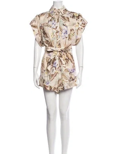 Pre-owned Zimmermann Linen Floral Print Romper In Neutrals