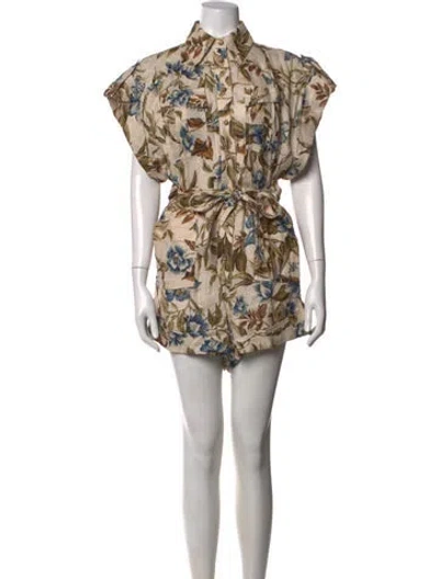 Pre-owned Zimmermann Linen Floral Print Romper In Neutrals