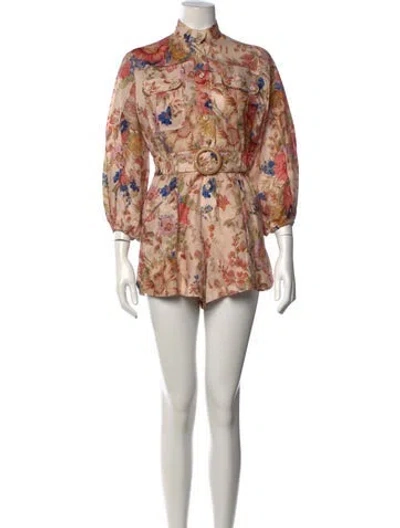 Pre-owned Zimmermann Linen Floral Print Romper In Neutrals