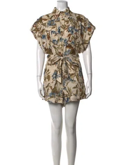 Pre-owned Zimmermann Linen Floral Print Romper In Neutrals