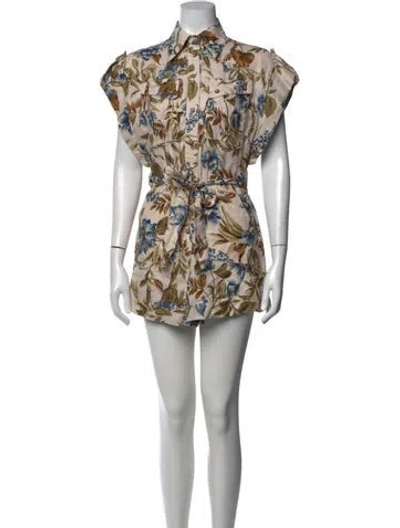 Pre-owned Zimmermann Linen Floral Print Romper In Neutrals