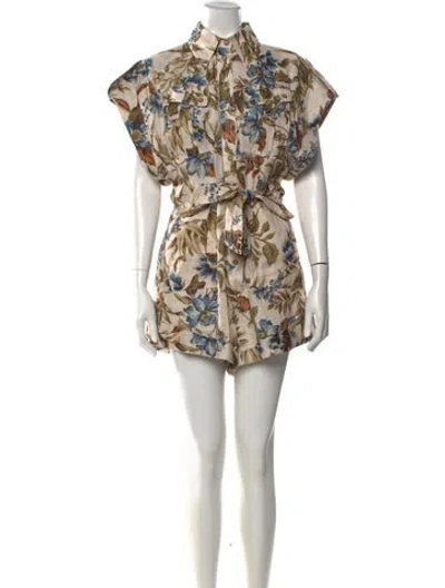 Pre-owned Zimmermann Linen Floral Print Romper In Neutrals