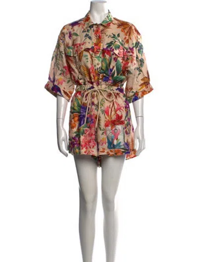 Pre-owned Zimmermann Linen Floral Print Romper In Neutrals