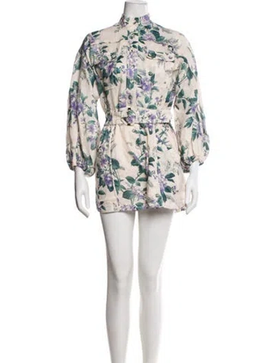 Pre-owned Zimmermann Linen Floral Print Romper In Neutrals/purple
