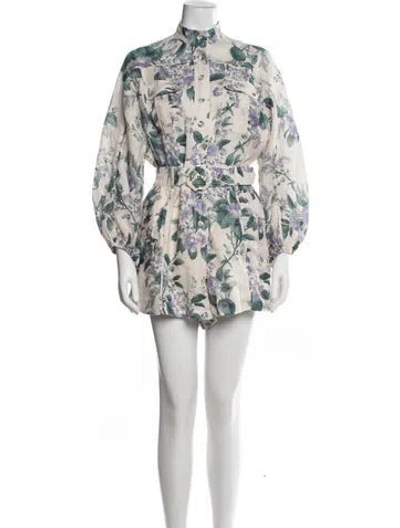 Pre-owned Zimmermann Linen Floral Print Romper In Neutrals/purple