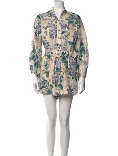 Pre-owned Zimmermann Linen Floral Print Romper In Neutrals/purple