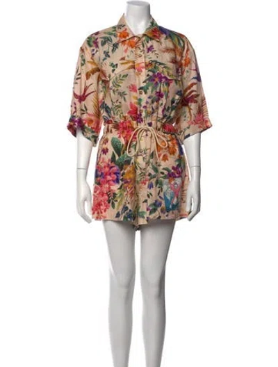 Pre-owned Zimmermann Linen Floral Print Romper In Pink