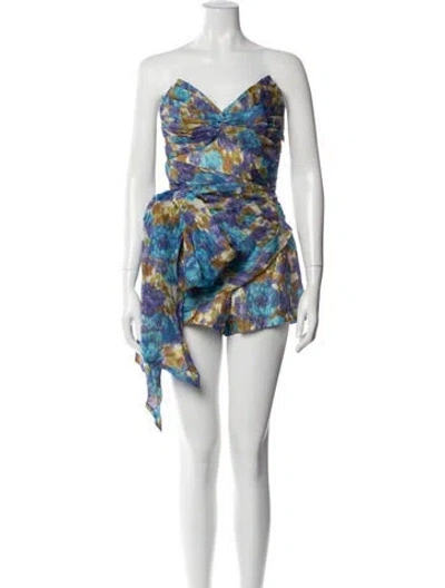 Pre-owned Zimmermann Linen Floral Print Romper W/ Tags In Blue