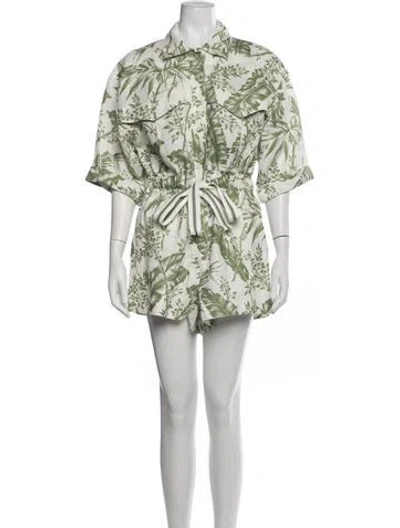 Pre-owned Zimmermann Linen Floral Print Romper W/ Tags In Green/white