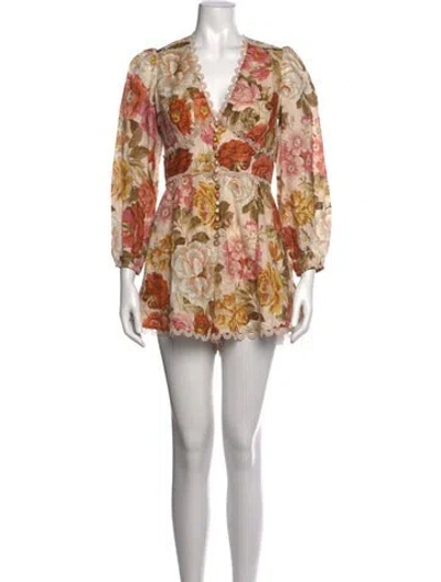 Pre-owned Zimmermann Linen Floral Print Romper W/ Tags In Neutrals