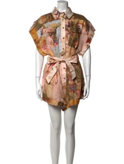 Pre-owned Zimmermann Linen Floral Print Romper W/ Tags In Neutrals