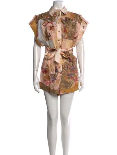 Pre-owned Zimmermann Linen Floral Print Romper W/ Tags In Neutrals