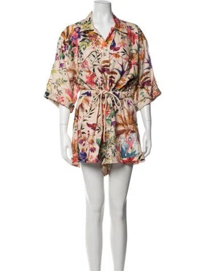 Pre-owned Zimmermann Linen Floral Print Romper W/ Tags In Neutrals