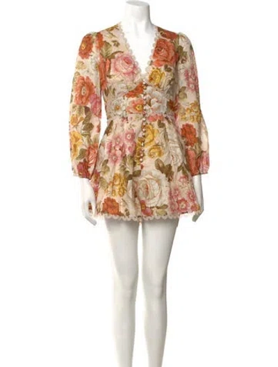 Pre-owned Zimmermann Linen Floral Print Romper W/ Tags In Neutrals