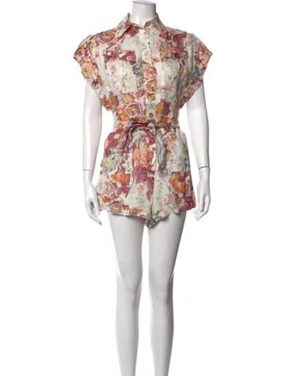 Pre-owned Zimmermann Linen Floral Print Romper In White