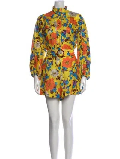 Pre-owned Zimmermann Linen Floral Print Romper In Yellow