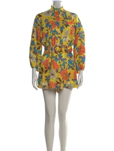 Pre-owned Zimmermann Linen Floral Print Romper In Yellow