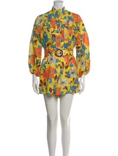 Pre-owned Zimmermann Linen Floral Print Romper In Yellow