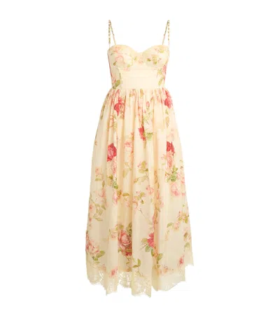Zimmermann Linen Floral Print Roselight Midi Dress In Neutral