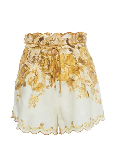 Pre-owned Zimmermann Linen Floral-print Shorts In Neutral