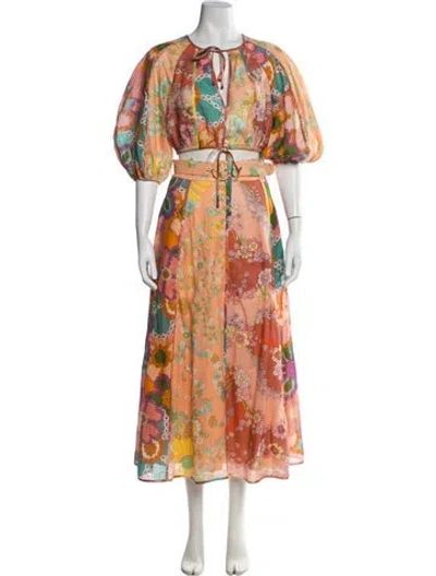 Pre-owned Zimmermann Linen Floral Print Skirt Set In Orange