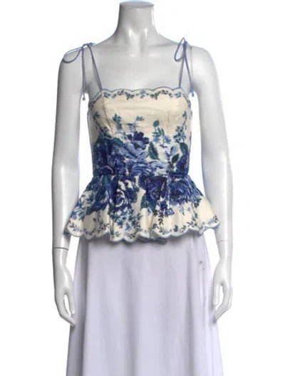 Pre-owned Zimmermann Linen Floral Print Top In Blue