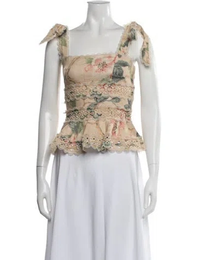 Pre-owned Zimmermann Linen Floral Print Top In Brown
