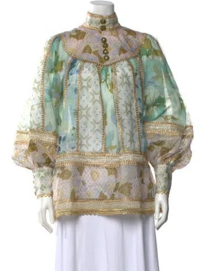 Pre-owned Zimmermann Linen Floral Print Top In Green