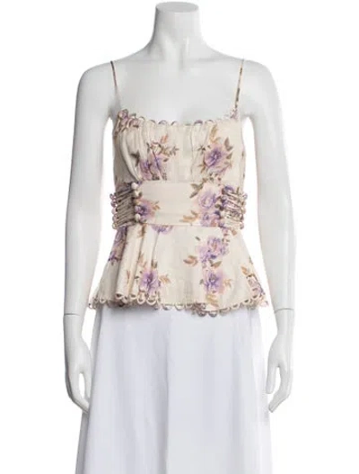 Pre-owned Zimmermann Linen Floral Print Top In Neutral