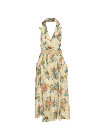 Pre-owned Zimmermann Linen Floral-print Halterneck Midi Dress In Neutral