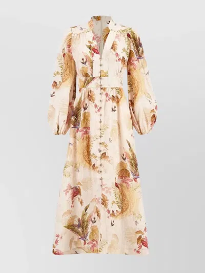 Zimmermann Linen Floral-print V-neck Long-sleeve Midi Dress In Multi