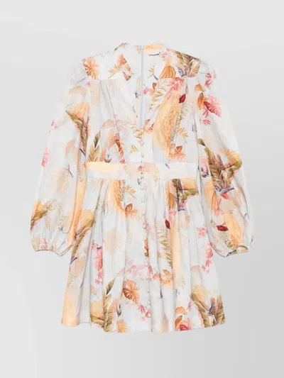 Zimmermann Linen Floral-print V-neck Long-sleeve Mini Dress In Pink