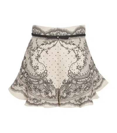 Zimmermann Womens Crush Floral-pattern Belted Frilled Linen Shorts Ivory Locket In White