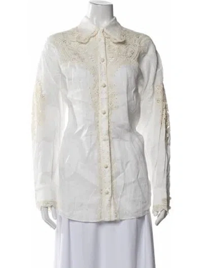 Pre-owned Zimmermann Linen Lace Pattern Blouse In White