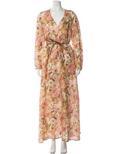 Pre-owned Zimmermann Linen Long Dress In Brown/neutrals/pink