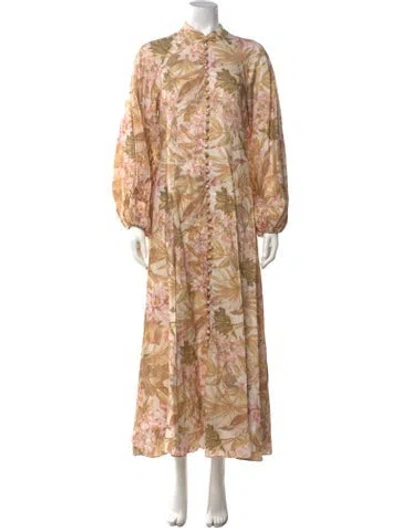 Pre-owned Zimmermann Linen Long Dress In Green/neutrals/pink