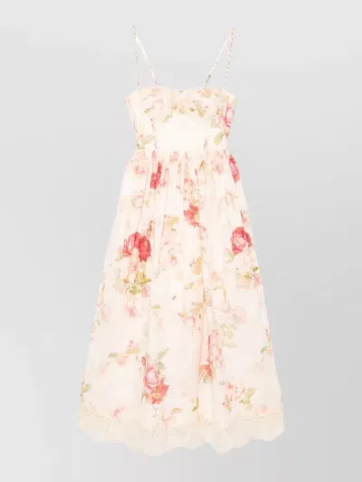 Zimmermann Linen Midi Dress Chain Straps Flowers Lace In Multi