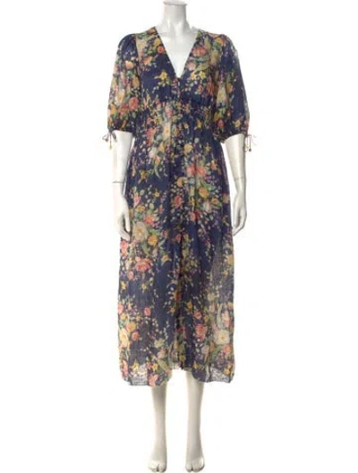 Pre-owned Zimmermann Linen Midi Length Dress In Blue/green/pink