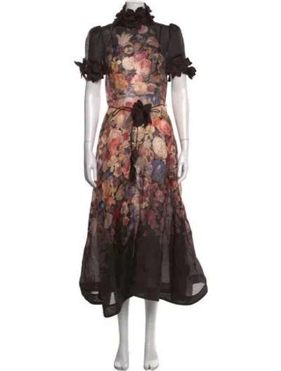 Pre-owned Zimmermann Linen Midi Length Dress In Brown