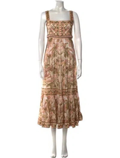 Pre-owned Zimmermann Linen Midi Length Dress In Green/pink