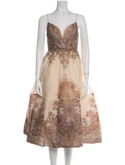 Pre-owned Zimmermann Linen Midi Length Dress In Neutrals/pink