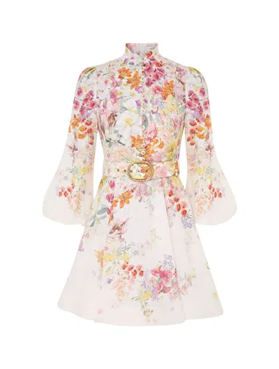 Zimmermann + Net Sustain Natura Belted Floral-print Linen Mini Dress In Multicolour